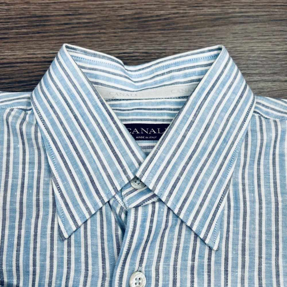 Canali Blue, White & Navy Stripe Linen Shirt L - Picture 2 of 5